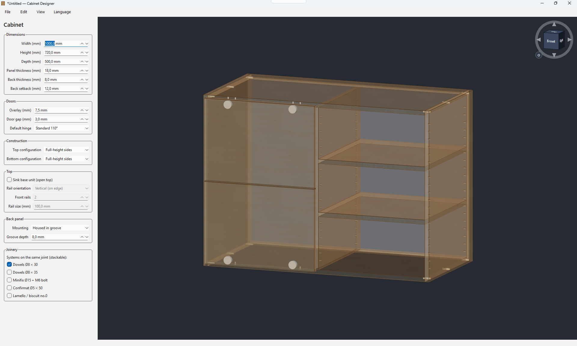 Cabinet Designer — drawers on Blum guides and adjustable shelves