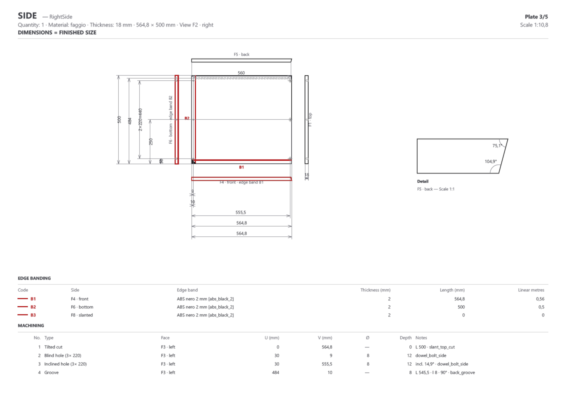 Cabinet Designer — quoted technical drawing plate: dimensions, edge-banding legend and machining table